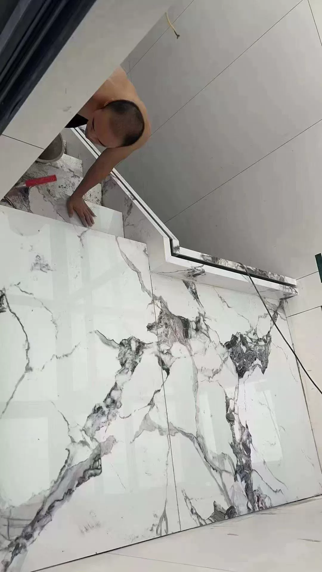 Marble-look porcelain stair tread panel stock
