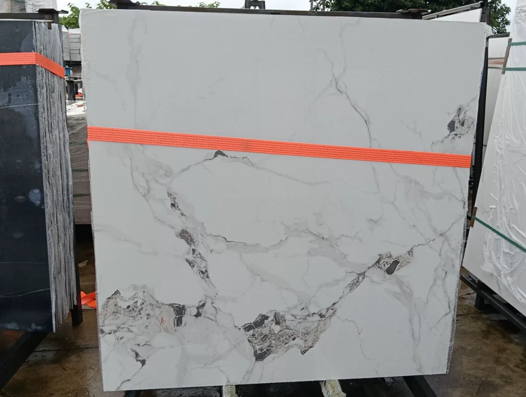 Sintered stone slab sample, marble-look pattern