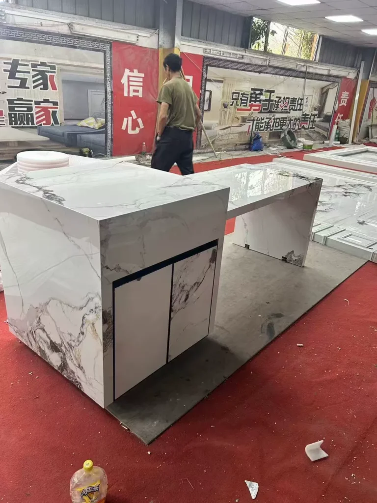 Sintered stone kitchen island unit front view