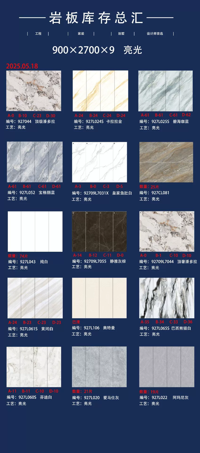 Sintered stone slab stock lot 900x2700x9mm