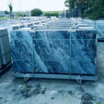 Blue-white marble-look sintered stone slab, 900x1800x9 mm