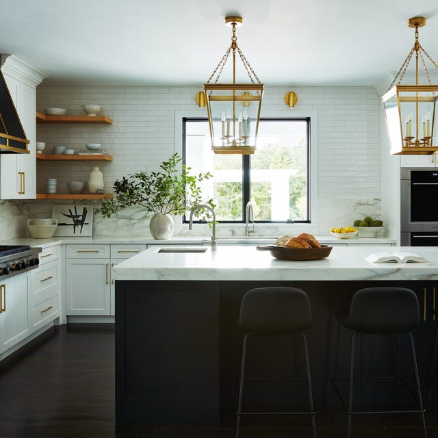 modern kitchen with island and open shelving