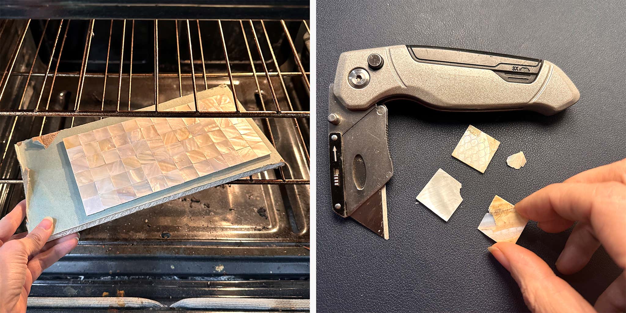 A photo of putting tile in an oven next to a photo of someone holding smashed tile.